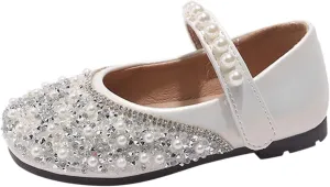 Girls Dress Shoes Mary Jane Ballet Shoes with Pearl Satin Ankle Tie Kids Glitter Rhinestone Flats for Wedding Party
