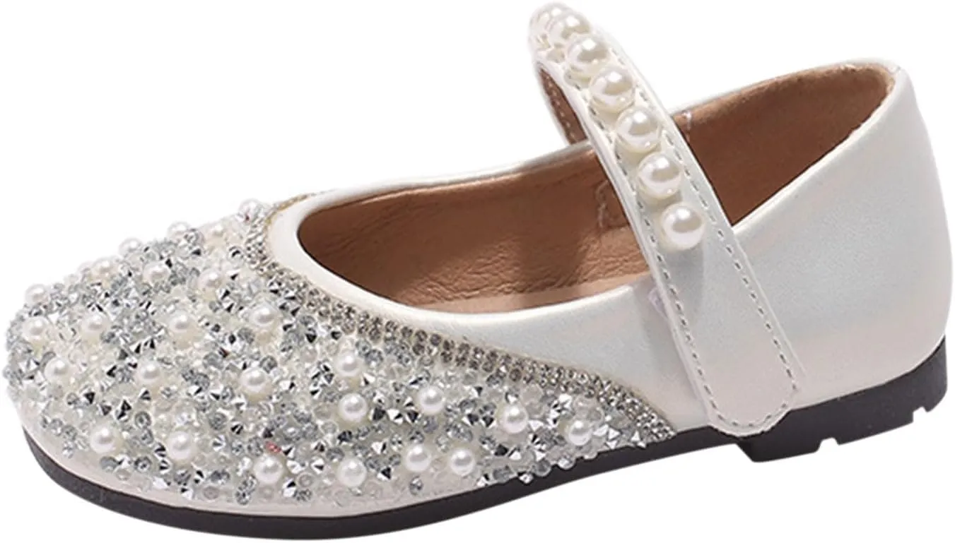 Girls Dress Shoes Mary Jane Ballet Shoes with Pearl Satin Ankle Tie Kids Glitter Rhinestone Flats for Wedding Party