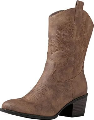 GLOBALWIN Women's Mid Calf The Western Cowgirl Boots Fashion Cowboy Boots For Women Chunky Low Heel