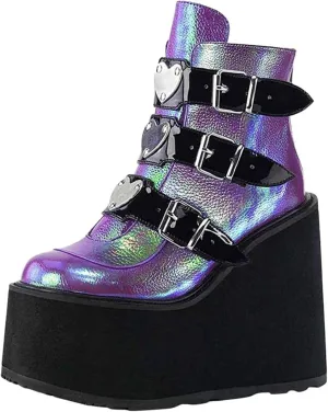 GUNIYIFS Womens Wedges Combat Boots High Heels Ankle Booties Round Toe Punk Gothic Boots for Women Platform Motorcycle Boot