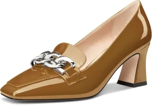 HDEUOLM Womens Heeled Loafers for Women Chunky Block Mid Heel Square Toe Pumps Loafers Shoes Slip-on Metal Chain Office Classic 2.8 Inches Heels
