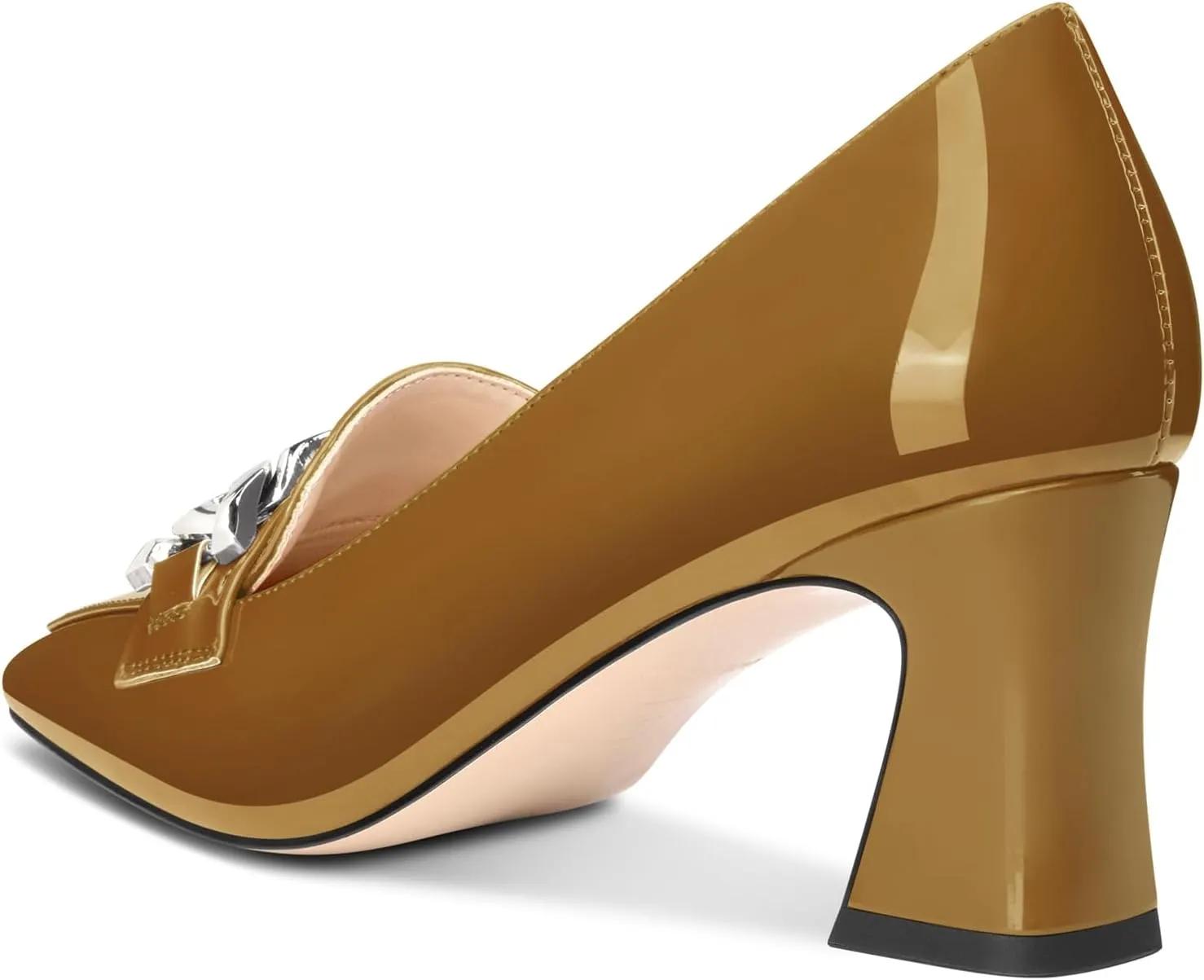HDEUOLM Womens Heeled Loafers for Women Chunky Block Mid Heel Square Toe Pumps Loafers Shoes Slip-on Metal Chain Office Classic 2.8 Inches Heels