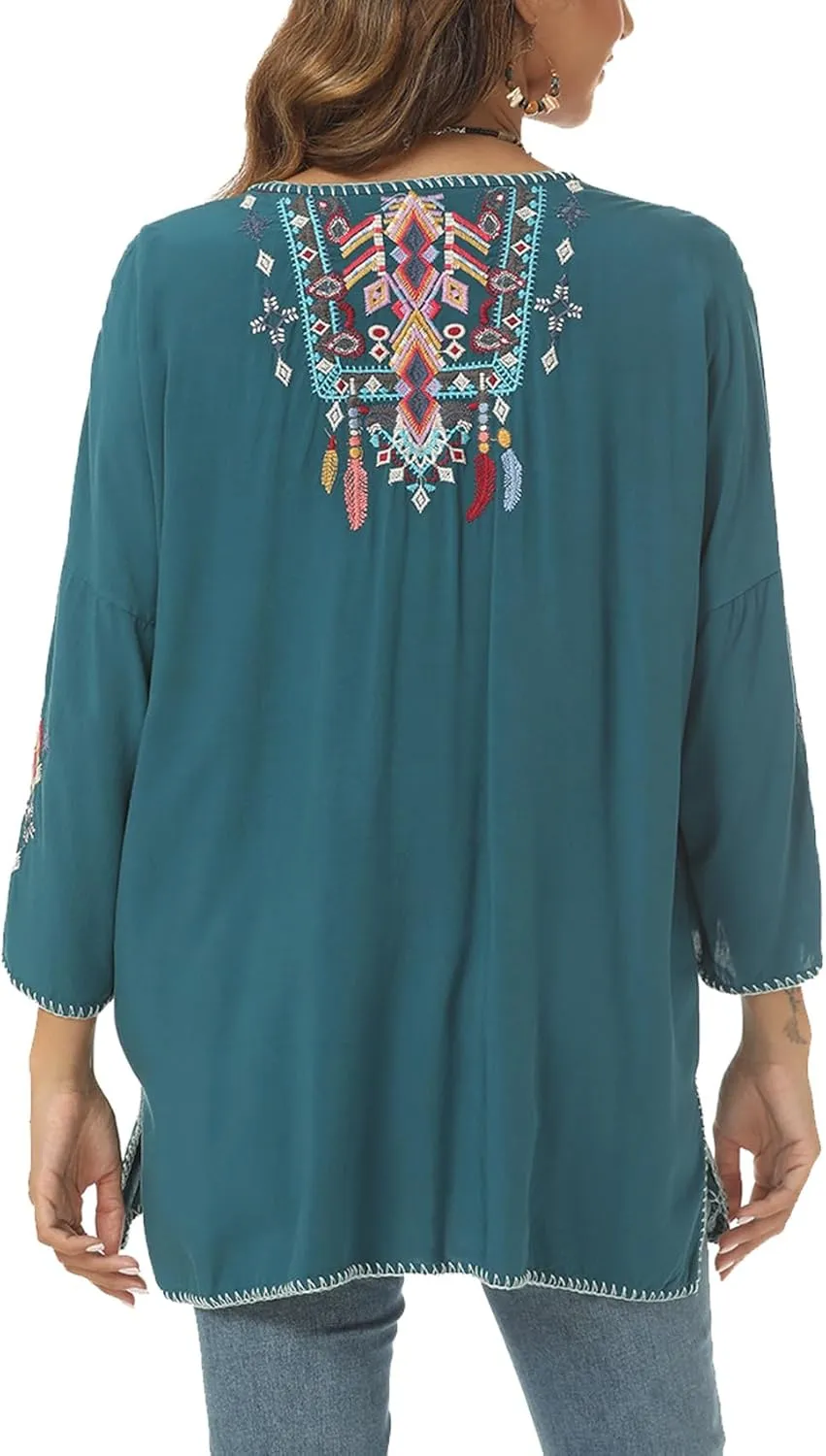 Higustar Mexican Embroidered Tops for Women Traditional Boho Tunics Bohemian Shirts Plus Size Peasant Clothes Blouses