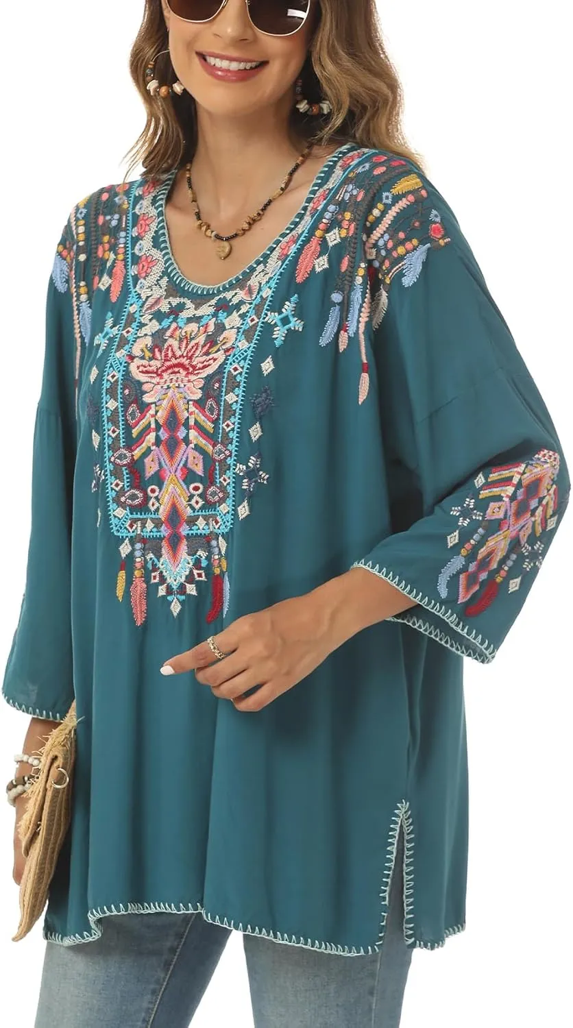 Higustar Mexican Embroidered Tops for Women Traditional Boho Tunics Bohemian Shirts Plus Size Peasant Clothes Blouses