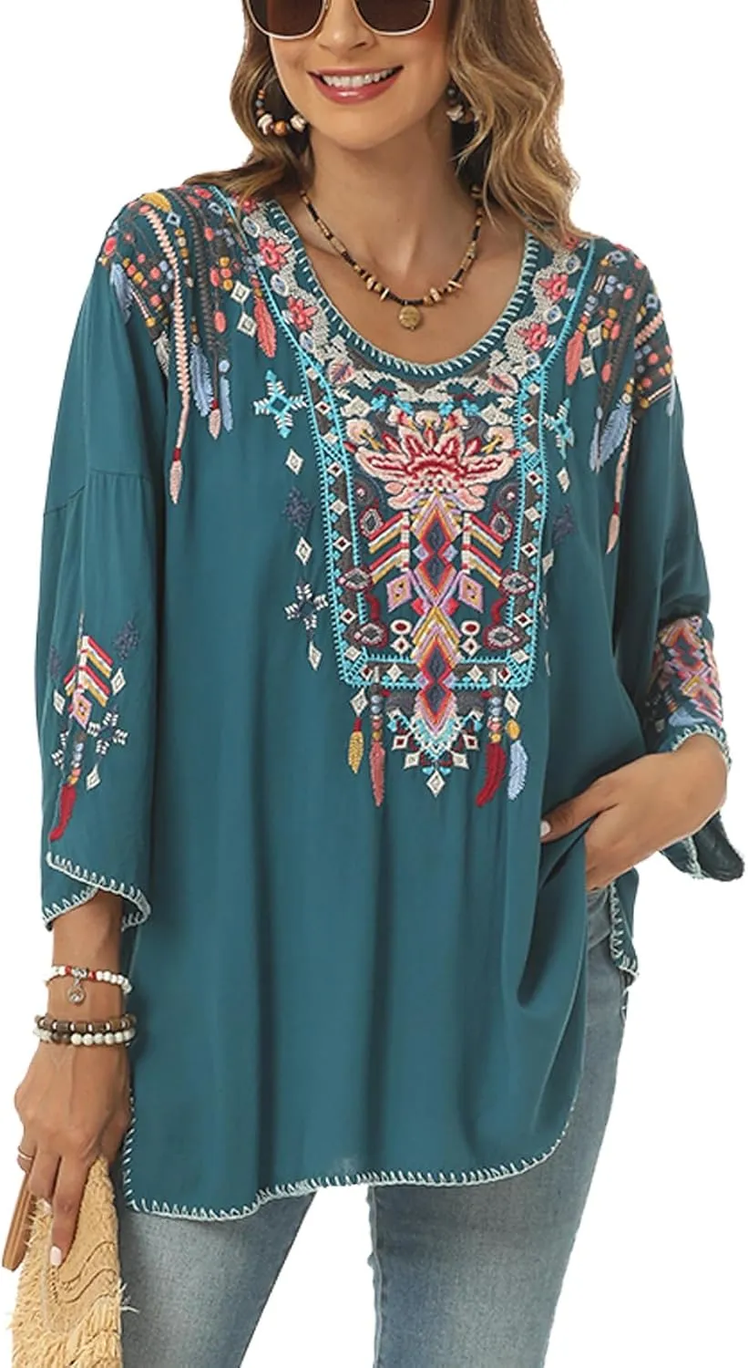 Higustar Mexican Embroidered Tops for Women Traditional Boho Tunics Bohemian Shirts Plus Size Peasant Clothes Blouses