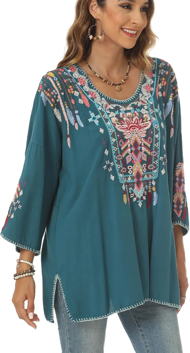Higustar Mexican Embroidered Tops for Women Traditional Boho Tunics Bohemian Shirts Plus Size Peasant Clothes Blouses