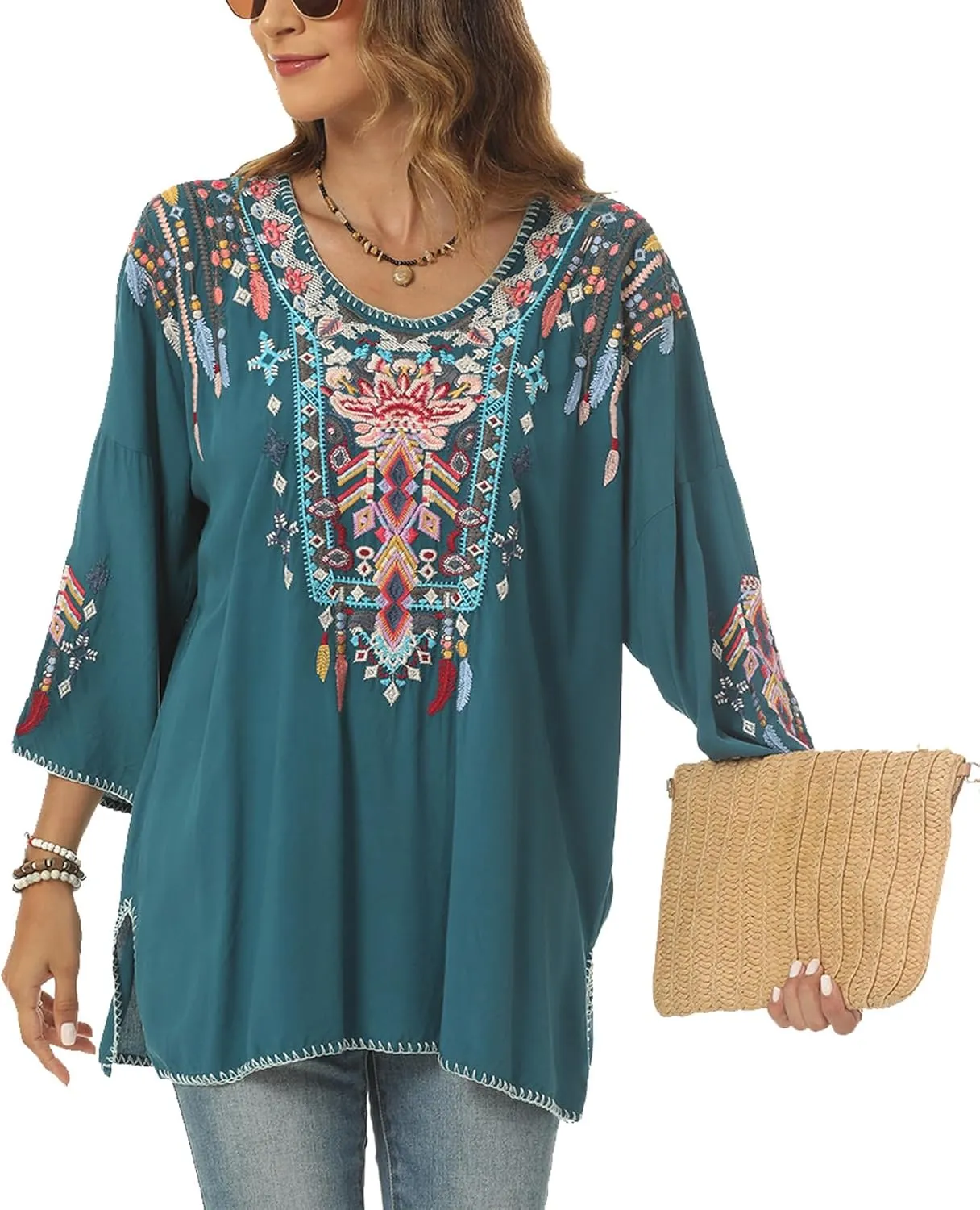 Higustar Mexican Embroidered Tops for Women Traditional Boho Tunics Bohemian Shirts Plus Size Peasant Clothes Blouses