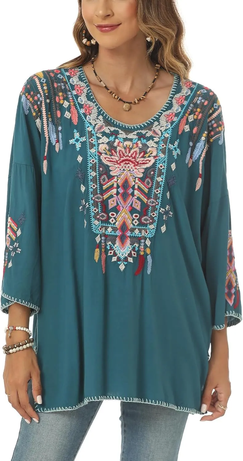 Higustar Mexican Embroidered Tops for Women Traditional Boho Tunics Bohemian Shirts Plus Size Peasant Clothes Blouses