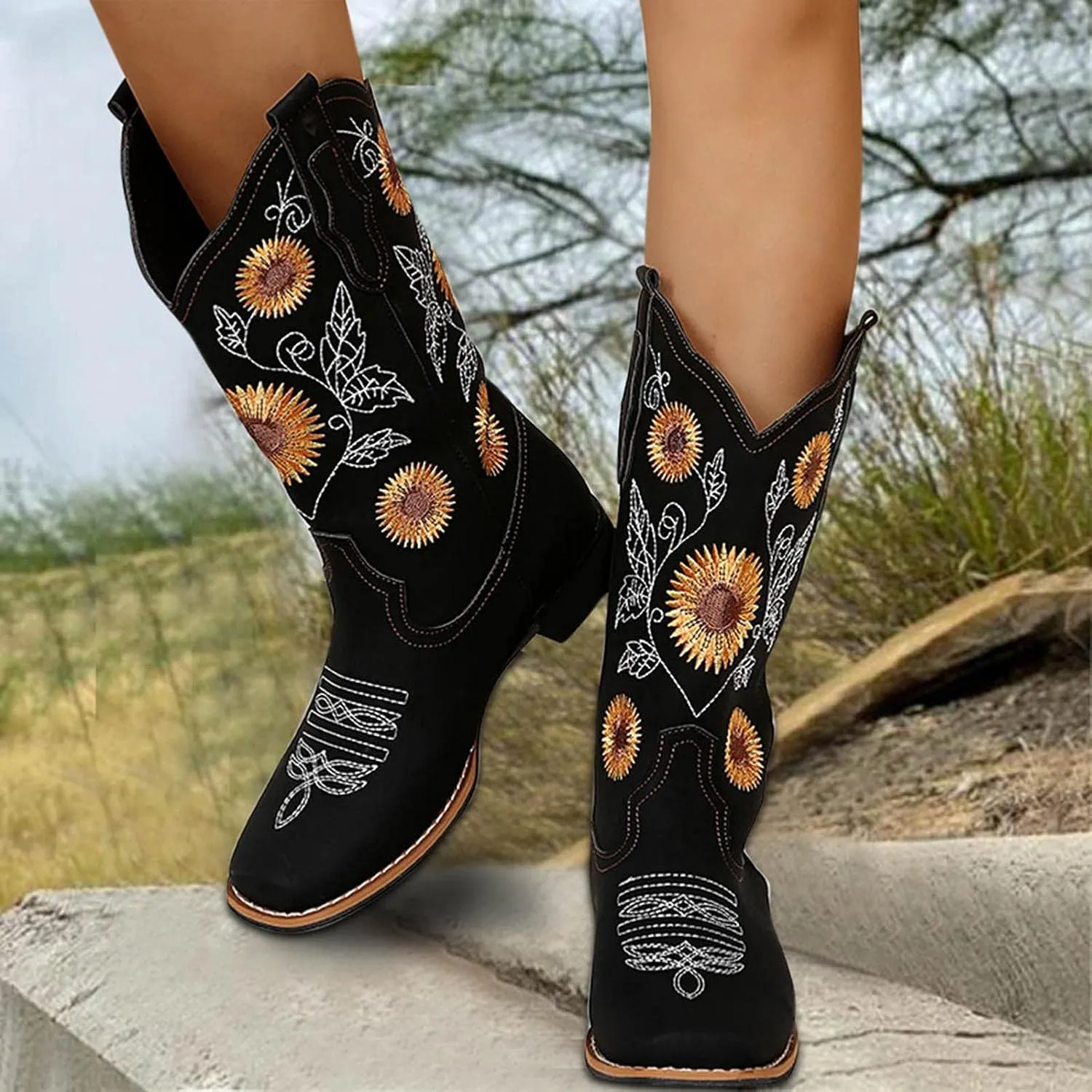 HINDOLA Cowboy Boots for Women Mid Calf Cowgirl Western Boots Sunflower Embroidery Stitched Square Toe Low Heel Wedding Boots
