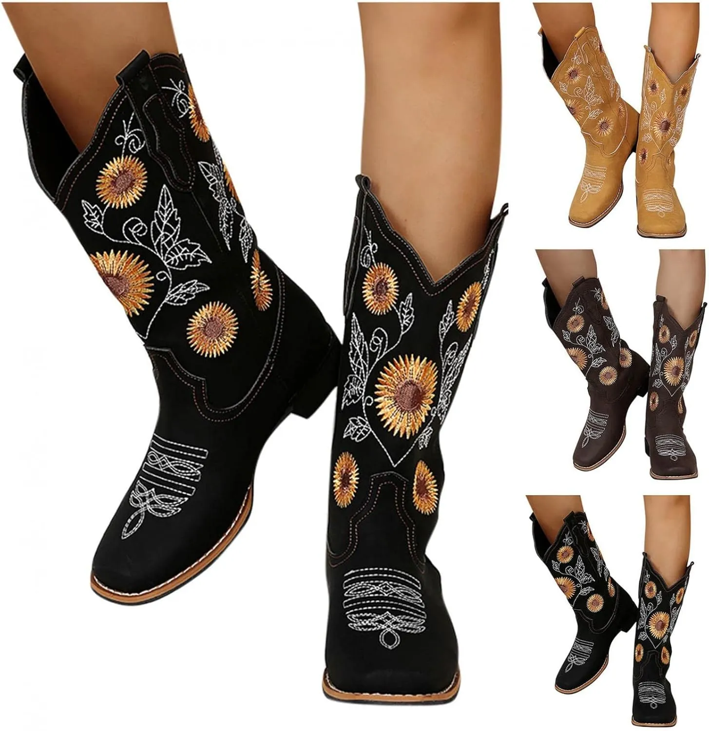 HINDOLA Cowboy Boots for Women Mid Calf Cowgirl Western Boots Sunflower Embroidery Stitched Square Toe Low Heel Wedding Boots