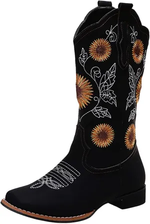 HINDOLA Cowboy Boots for Women Mid Calf Cowgirl Western Boots Sunflower Embroidery Stitched Square Toe Low Heel Wedding Boots