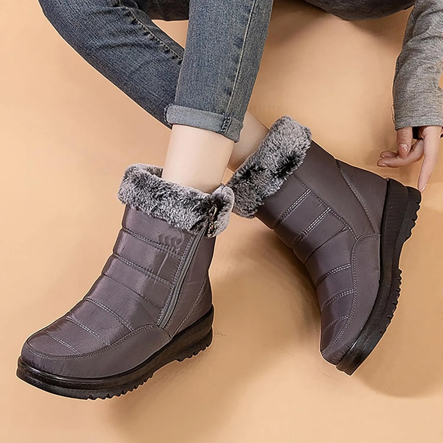 HINDOLA Womens Snow Boots Winter Warm Fur Lined Shoes Comfortable Side Zipper Ankle Booties Anti Slip Waterproof Outdoor Boots