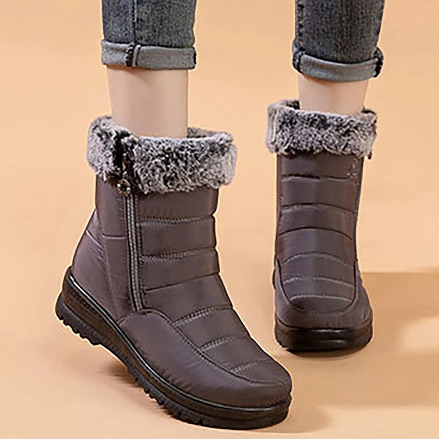 HINDOLA Womens Snow Boots Winter Warm Fur Lined Shoes Comfortable Side Zipper Ankle Booties Anti Slip Waterproof Outdoor Boots