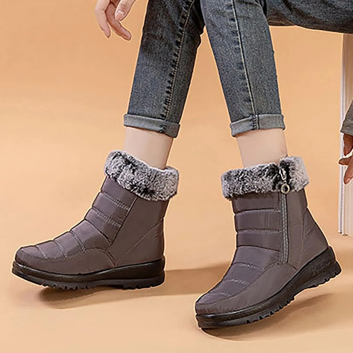 HINDOLA Womens Snow Boots Winter Warm Fur Lined Shoes Comfortable Side Zipper Ankle Booties Anti Slip Waterproof Outdoor Boots