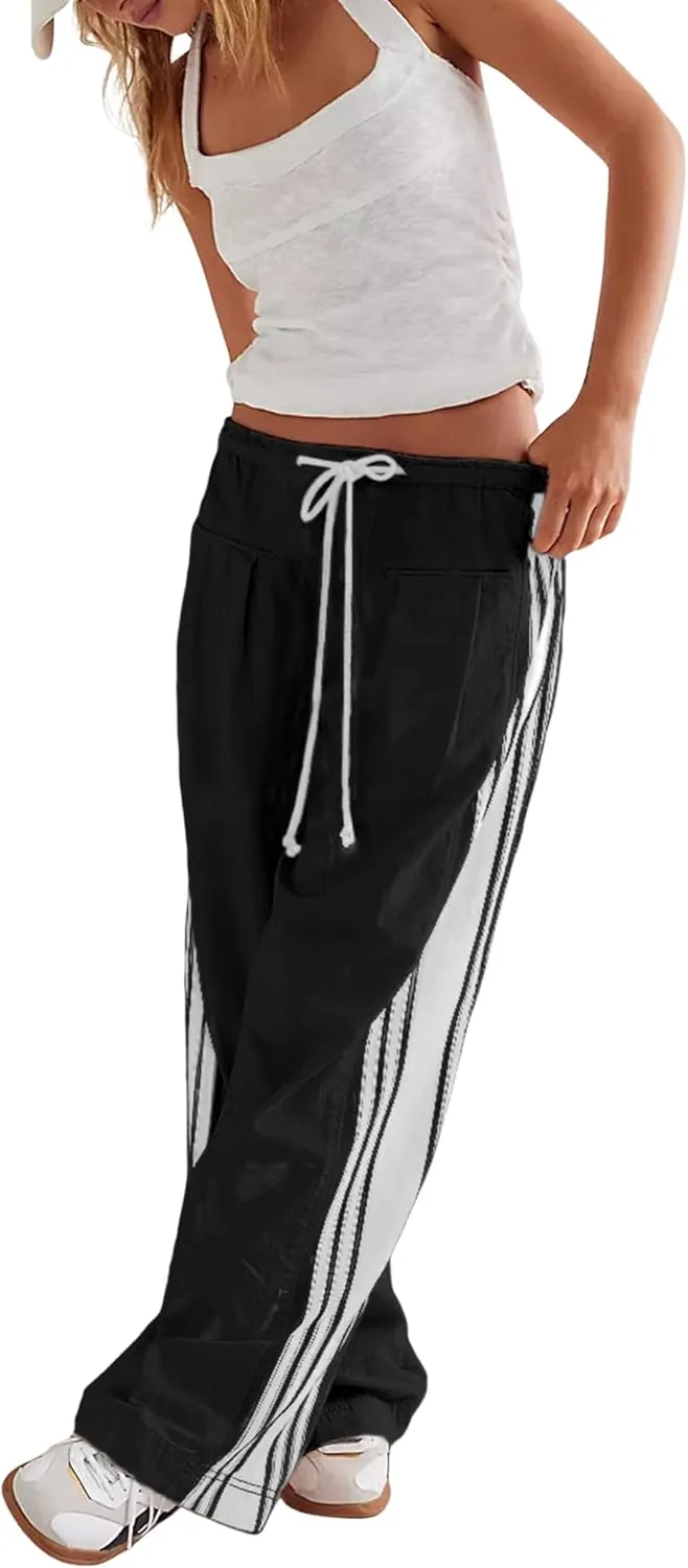 Hongsui Women's Wide Leg Pants Drawstring High Rise Side Striped Slouchy Palazzo Pants with Pockets