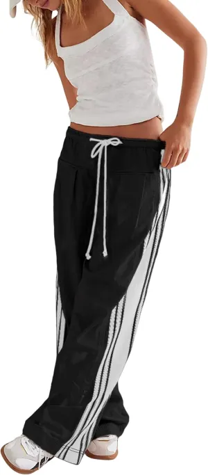 Hongsui Women's Wide Leg Pants Drawstring High Rise Side Striped Slouchy Palazzo Pants with Pockets