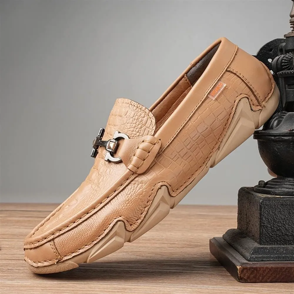 HOOENG Mens Loafers Moccasins Round Toe Shoes Faux Crocodile Print Leather Flexible Anti-Slip Comfortable Classic Slip-ons