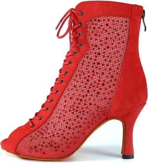 HROYL Women Peep Toe Mesh Lace up Ankle Boots Rhinestone Latin Ballroom Salsa Dancing Heels Boots,DS-7180