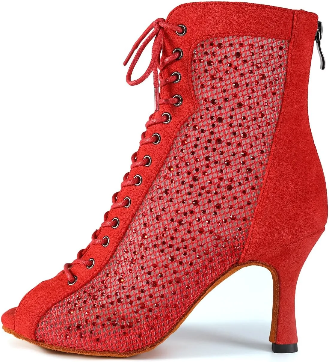 HROYL Women Peep Toe Mesh Lace up Ankle Boots Rhinestone Latin Ballroom Salsa Dancing Heels Boots,DS-7180