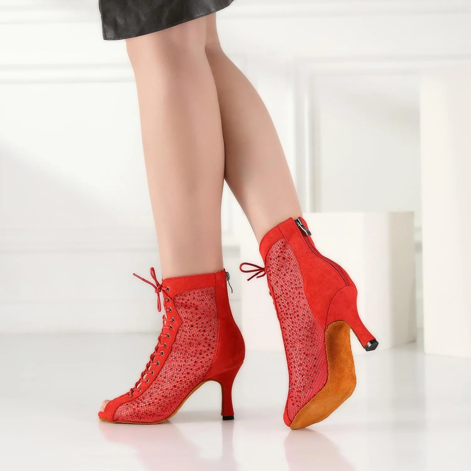HROYL Women Peep Toe Mesh Lace up Ankle Boots Rhinestone Latin Ballroom Salsa Dancing Heels Boots,DS-7180