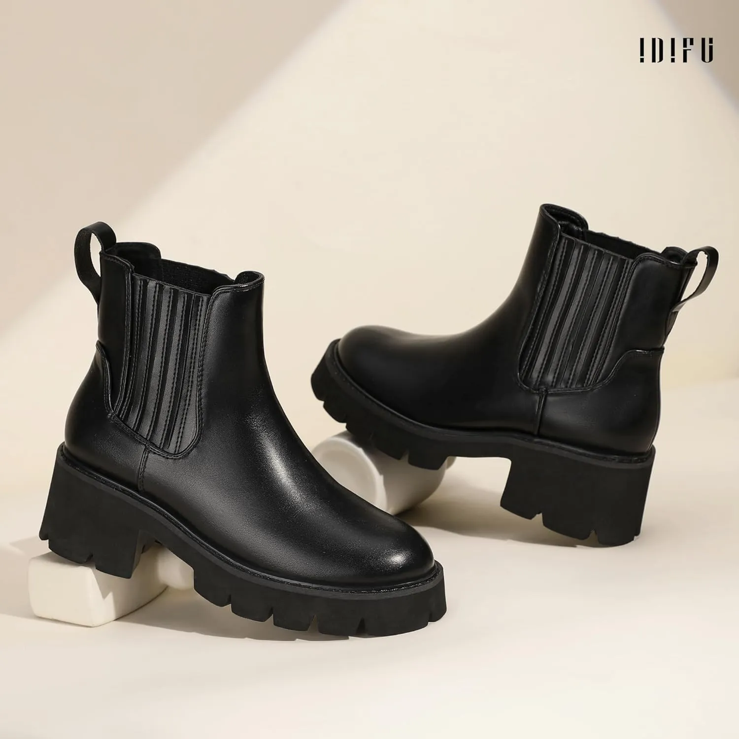 IDIFU IN2 Women's Chelsea Boots Platform Low Block Chunky Heeled Ankle Boots Round Toe Lug Sole Slip On Dress Boots Fall Work Dressy Comfortable Fashion Casual Short Booties Shoes