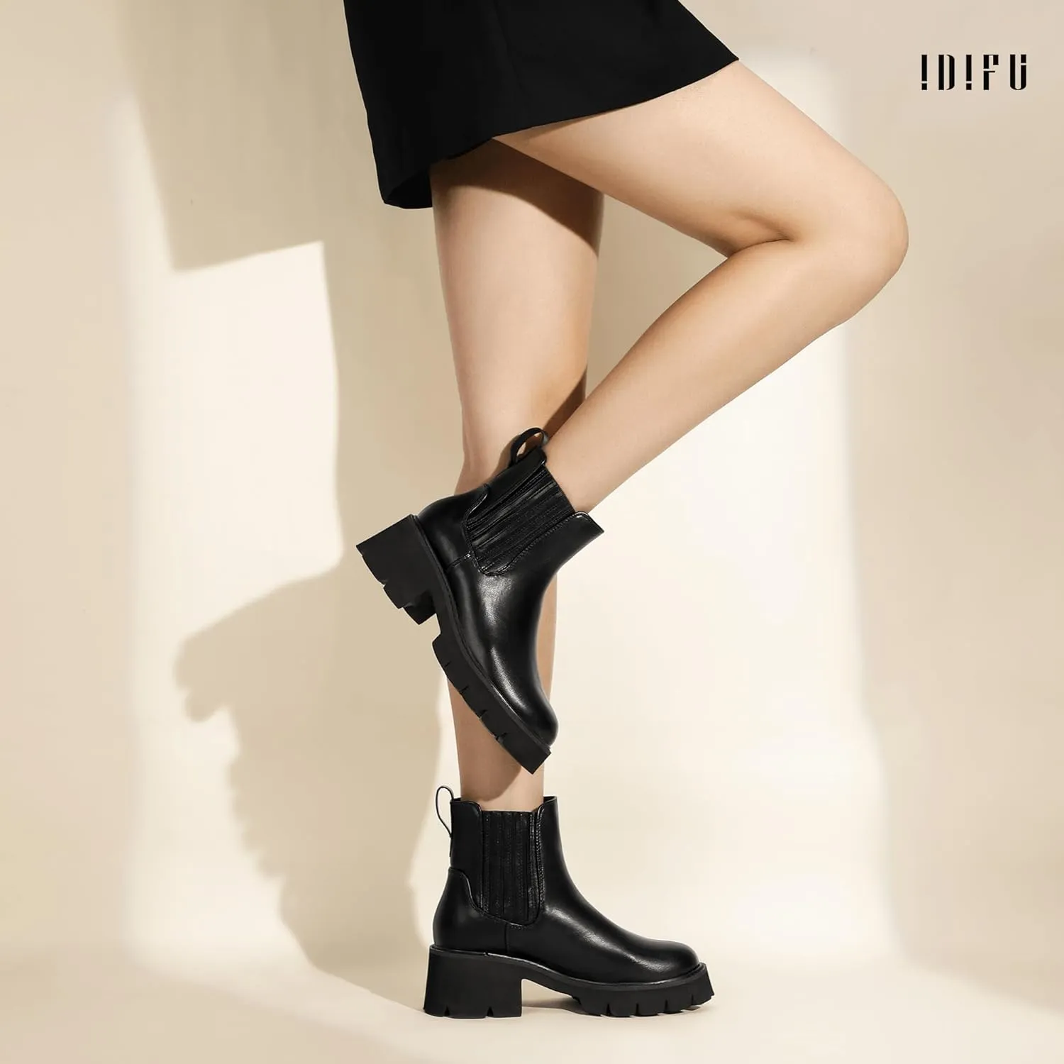 IDIFU IN2 Women's Chelsea Boots Platform Low Block Chunky Heeled Ankle Boots Round Toe Lug Sole Slip On Dress Boots Fall Work Dressy Comfortable Fashion Casual Short Booties Shoes