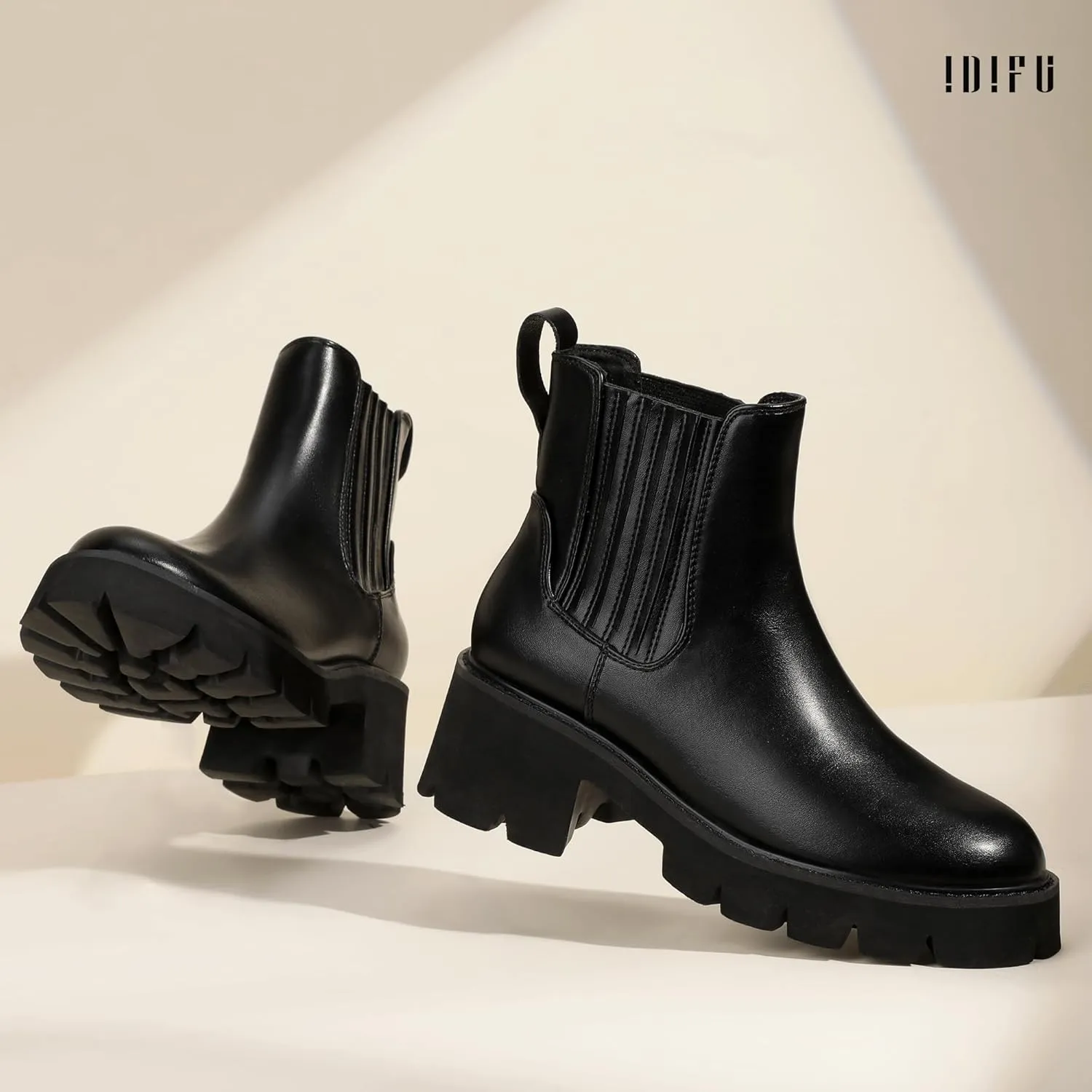 IDIFU IN2 Women's Chelsea Boots Platform Low Block Chunky Heeled Ankle Boots Round Toe Lug Sole Slip On Dress Boots Fall Work Dressy Comfortable Fashion Casual Short Booties Shoes