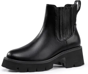 IDIFU IN2 Women's Chelsea Boots Platform Low Block Chunky Heeled Ankle Boots Round Toe Lug Sole Slip On Dress Boots Fall Work Dressy Comfortable Fashion Casual Short Booties Shoes