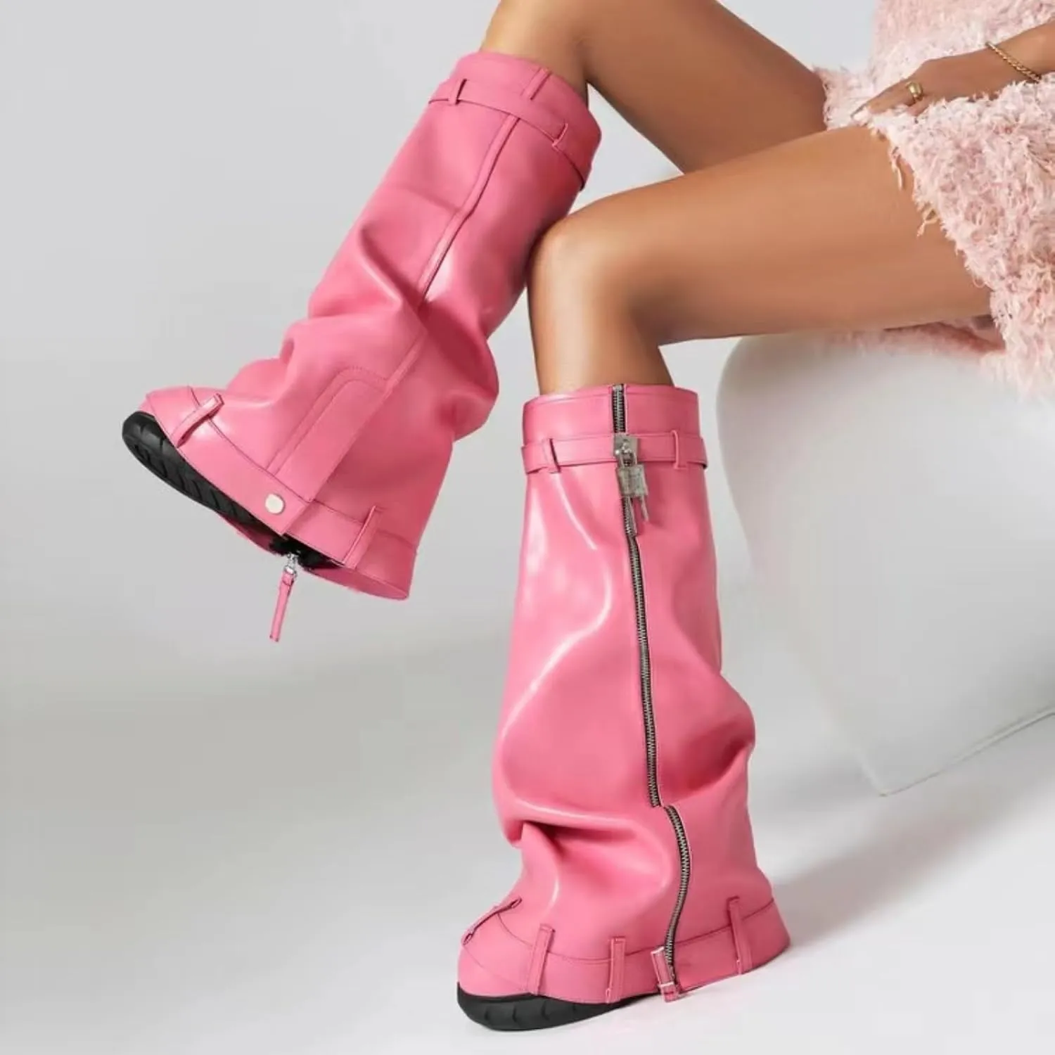 IMPREMEY Women's Fold Over Knee High Boots Platform Heel Padlock Boot with Zipper Denim Jeans Biker Shoes