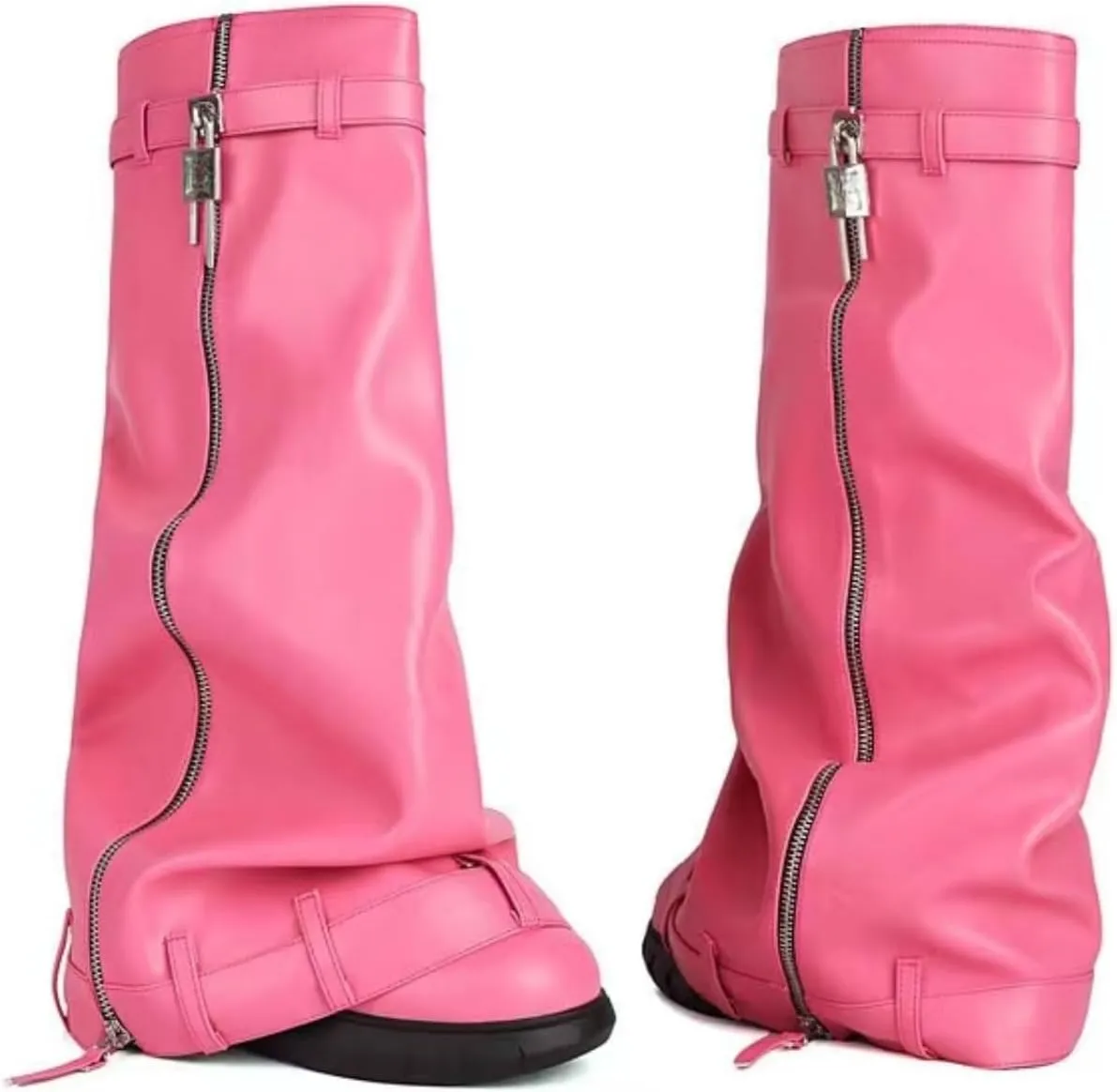 IMPREMEY Women's Fold Over Knee High Boots Platform Heel Padlock Boot with Zipper Denim Jeans Biker Shoes