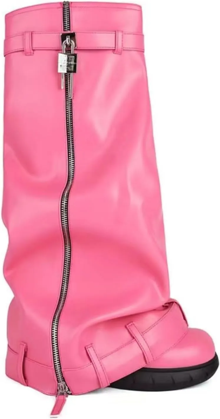 IMPREMEY Women's Fold Over Knee High Boots Platform Heel Padlock Boot with Zipper Denim Jeans Biker Shoes