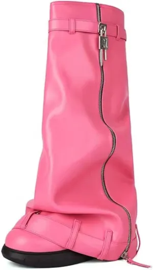 IMPREMEY Women's Fold Over Knee High Boots Platform Heel Padlock Boot with Zipper Denim Jeans Biker Shoes