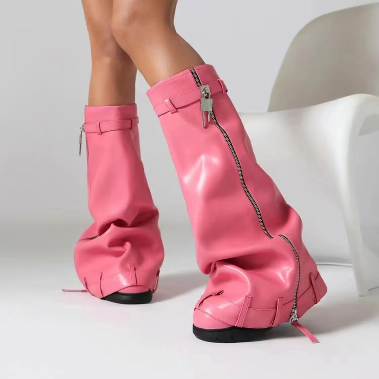 IMPREMEY Women's Fold Over Knee High Boots Platform Heel Padlock Boot with Zipper Denim Jeans Biker Shoes