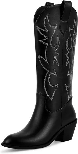 ISNOM Cowboy Boots for Women Cowgirl Boots with Classic Embroidered Pointed Toe Chunky Heel Retro Western Mid Calf Boots Pull On