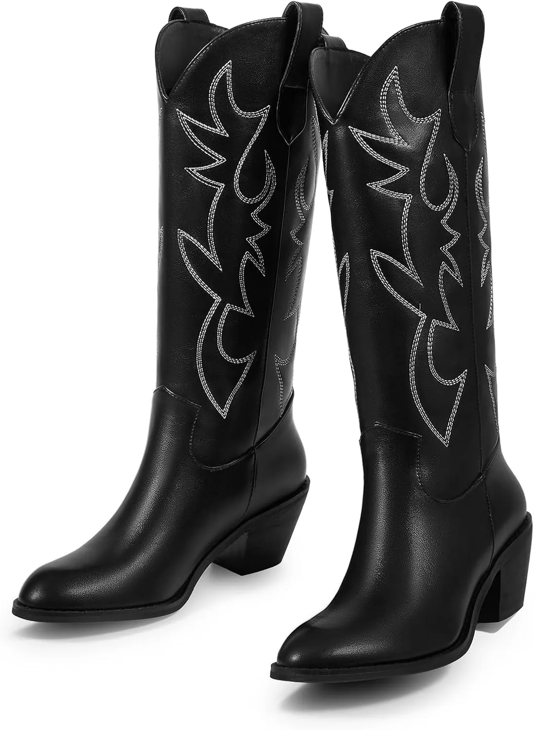 ISNOM Cowboy Boots for Women Cowgirl Boots with Classic Embroidered Pointed Toe Chunky Heel Retro Western Mid Calf Boots Pull On