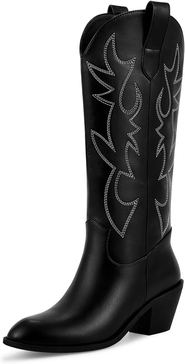 ISNOM Cowboy Boots for Women Cowgirl Boots with Classic Embroidered Pointed Toe Chunky Heel Retro Western Mid Calf Boots Pull On