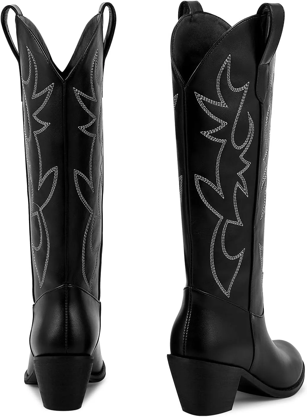 ISNOM Cowboy Boots for Women Cowgirl Boots with Classic Embroidered Pointed Toe Chunky Heel Retro Western Mid Calf Boots Pull On