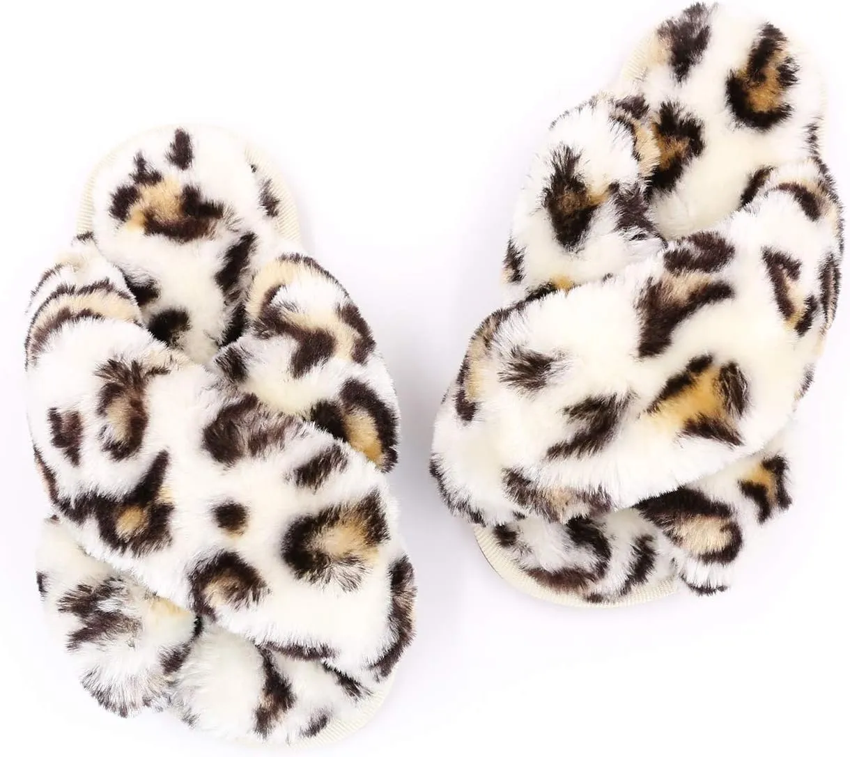 ISZPLUSH Girl's Fluffy Slippers Kids' Fuzzy Slippers Slide Sandals Leopard Tie Dye Cross Band Plush Open Toe Slip on House Bedroom Slippers
