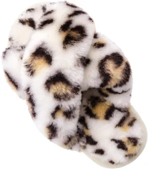 ISZPLUSH Girl's Fluffy Slippers Kids' Fuzzy Slippers Slide Sandals Leopard Tie Dye Cross Band Plush Open Toe Slip on House Bedroom Slippers