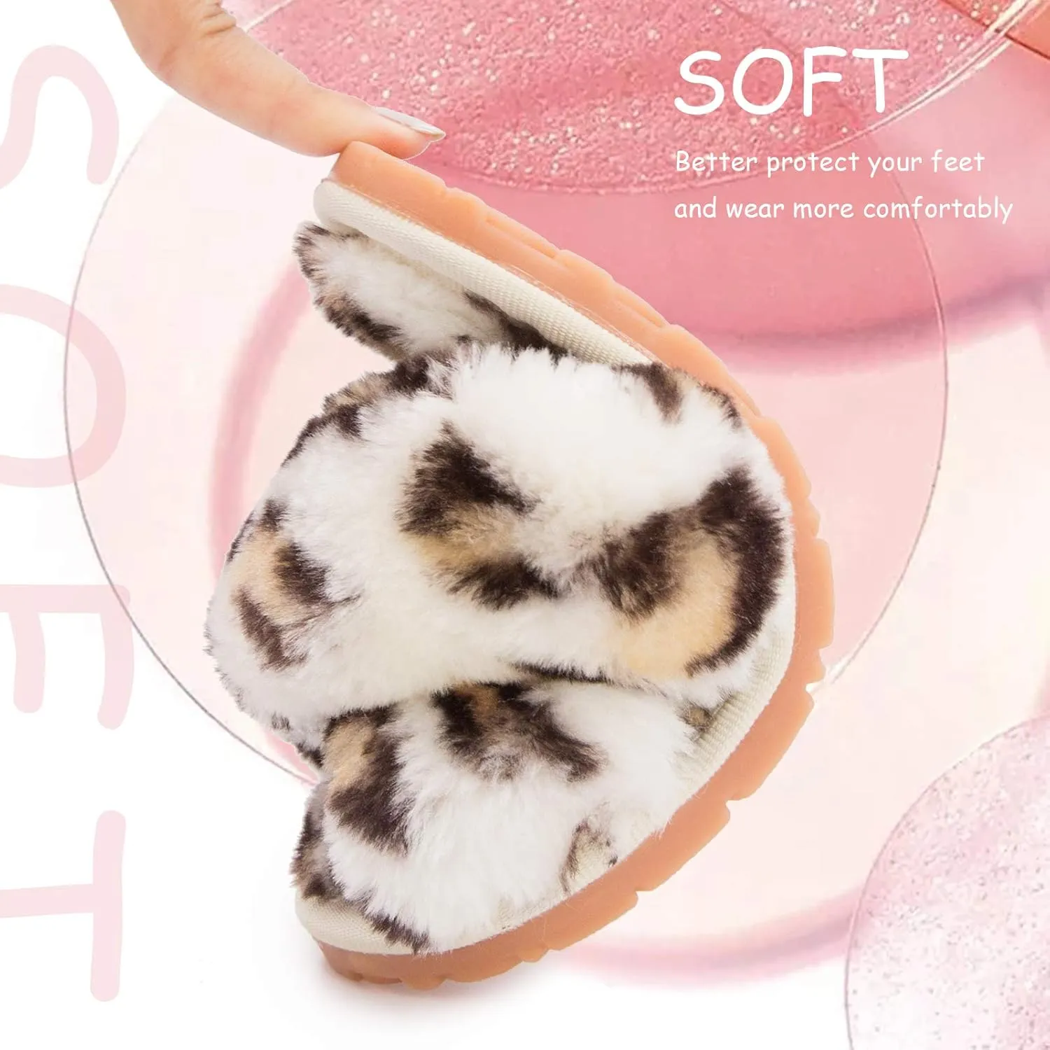 ISZPLUSH Girl's Fluffy Slippers Kids' Fuzzy Slippers Slide Sandals Leopard Tie Dye Cross Band Plush Open Toe Slip on House Bedroom Slippers