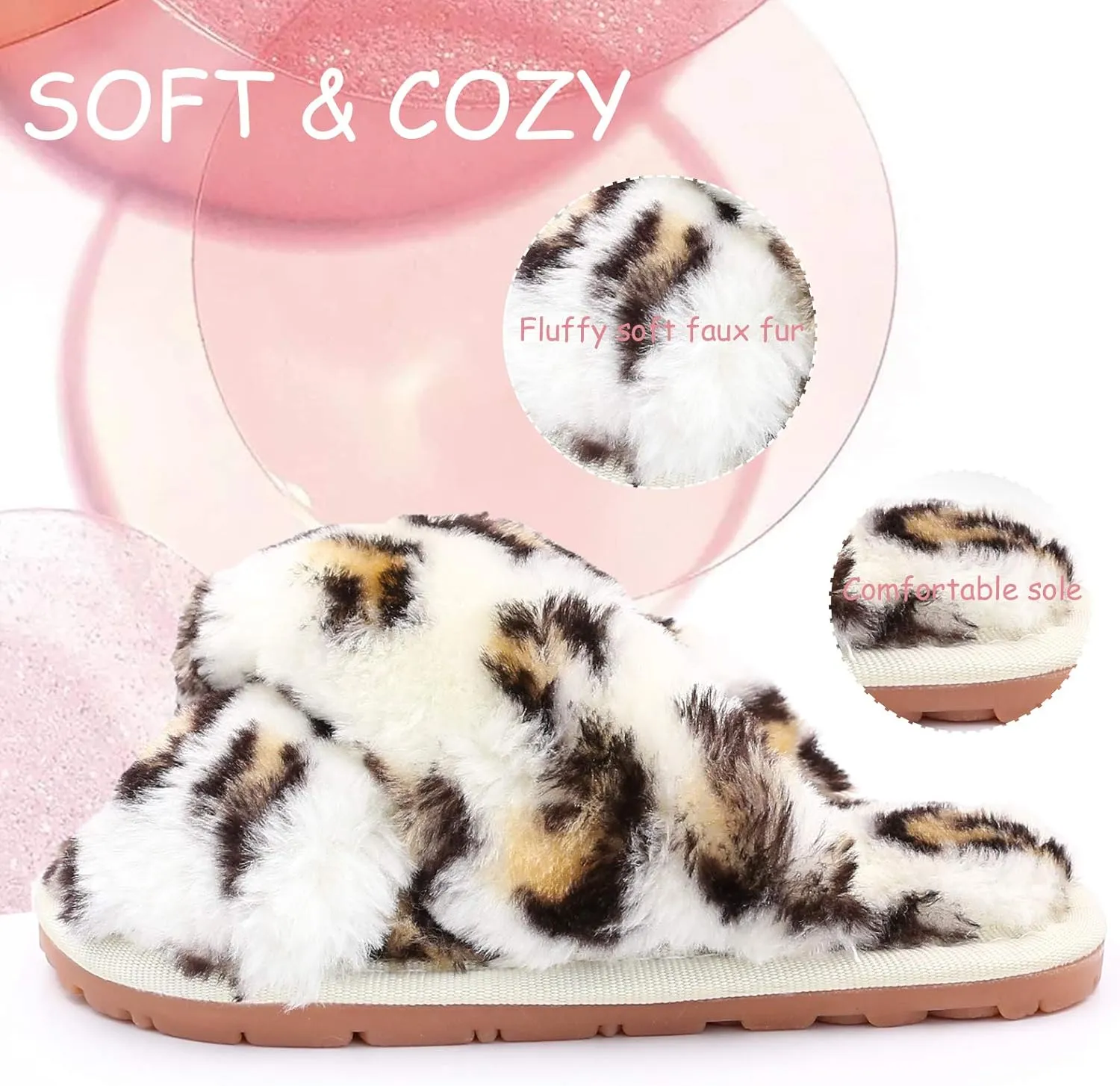 ISZPLUSH Girl's Fluffy Slippers Kids' Fuzzy Slippers Slide Sandals Leopard Tie Dye Cross Band Plush Open Toe Slip on House Bedroom Slippers