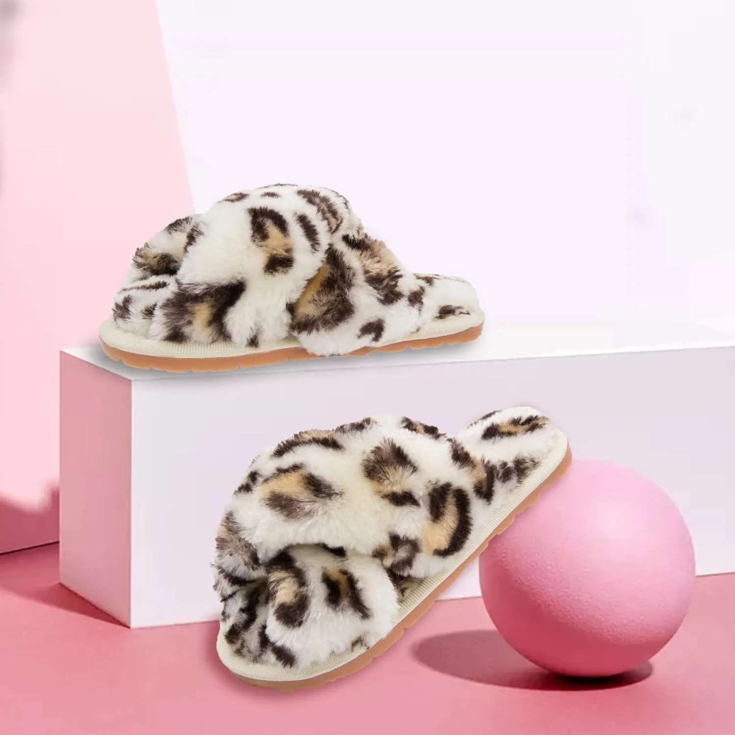 ISZPLUSH Girl's Fluffy Slippers Kids' Fuzzy Slippers Slide Sandals Leopard Tie Dye Cross Band Plush Open Toe Slip on House Bedroom Slippers