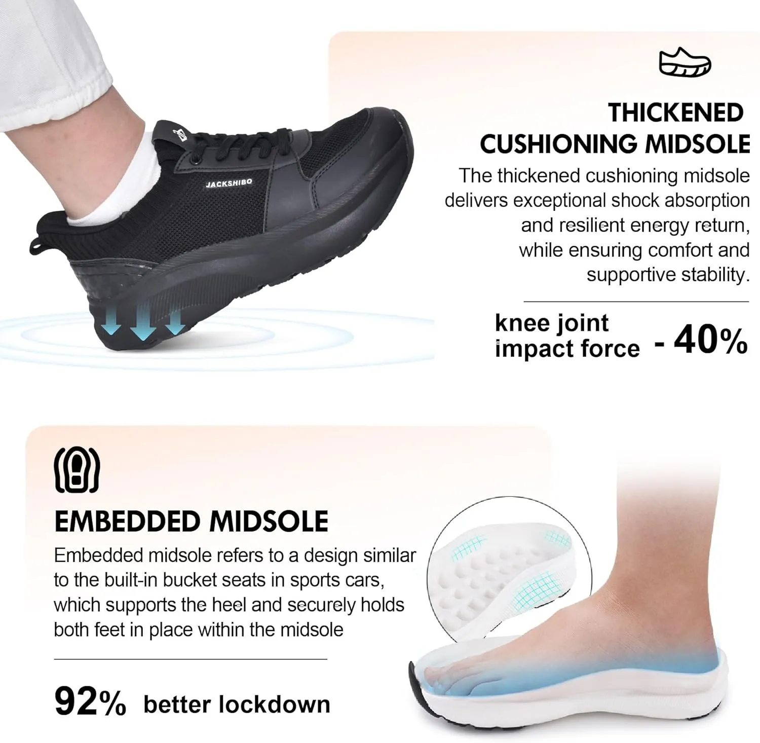 JACKSHIBO Slip in Women Hands Free Shoes Wide Toe Box Slip On Walking Athletic Tennis Sneakers Arch Support Plantar Fasciitis Orthopedic Width Shoes Cushion Thick Zero Drop Sole with Metatarsal Pad