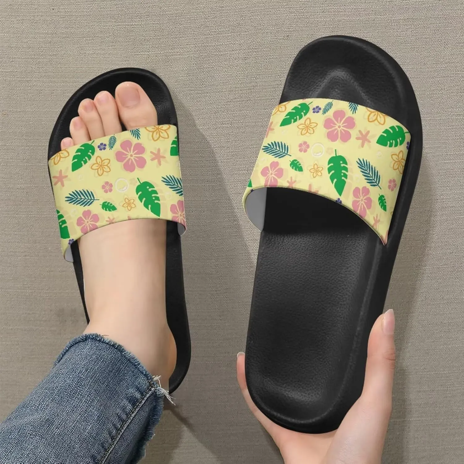 JoyLamoria Women Plants Print Slides House Sandals Thick Sole Pillow Slippers Non-Slip Shower Beach Pool Indoor Outdoor Summer