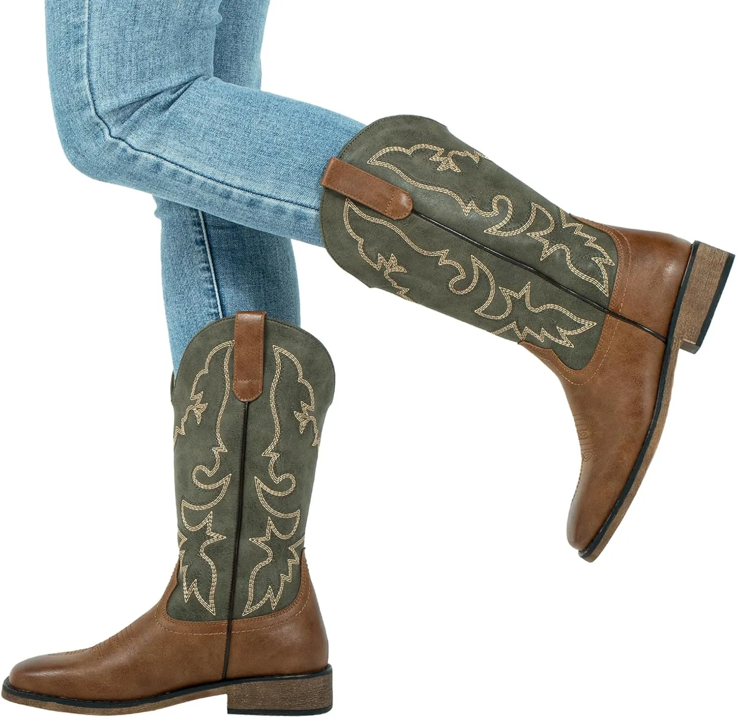 J's.o.l.e Square Toe Cowboy Cowgirl Boots for Women Mid Calf Ladies Fashion Embroidered Western Boots
