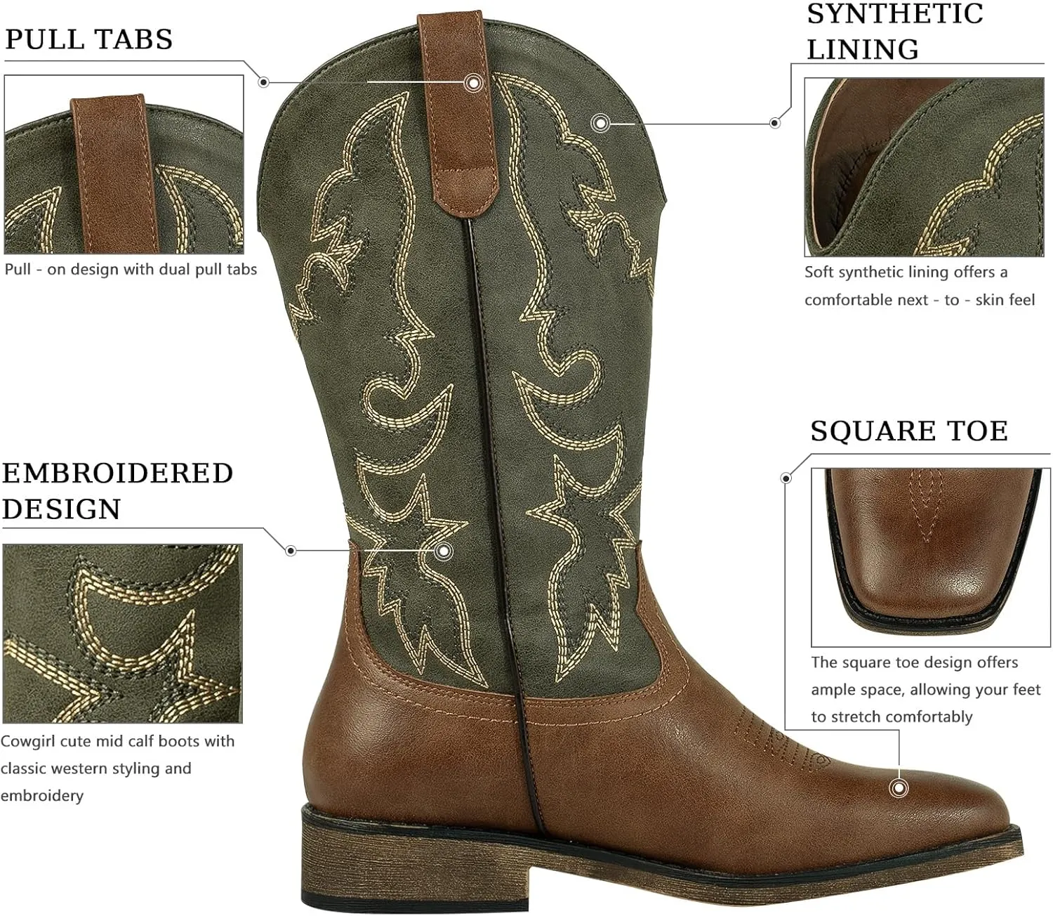 J's.o.l.e Square Toe Cowboy Cowgirl Boots for Women Mid Calf Ladies Fashion Embroidered Western Boots