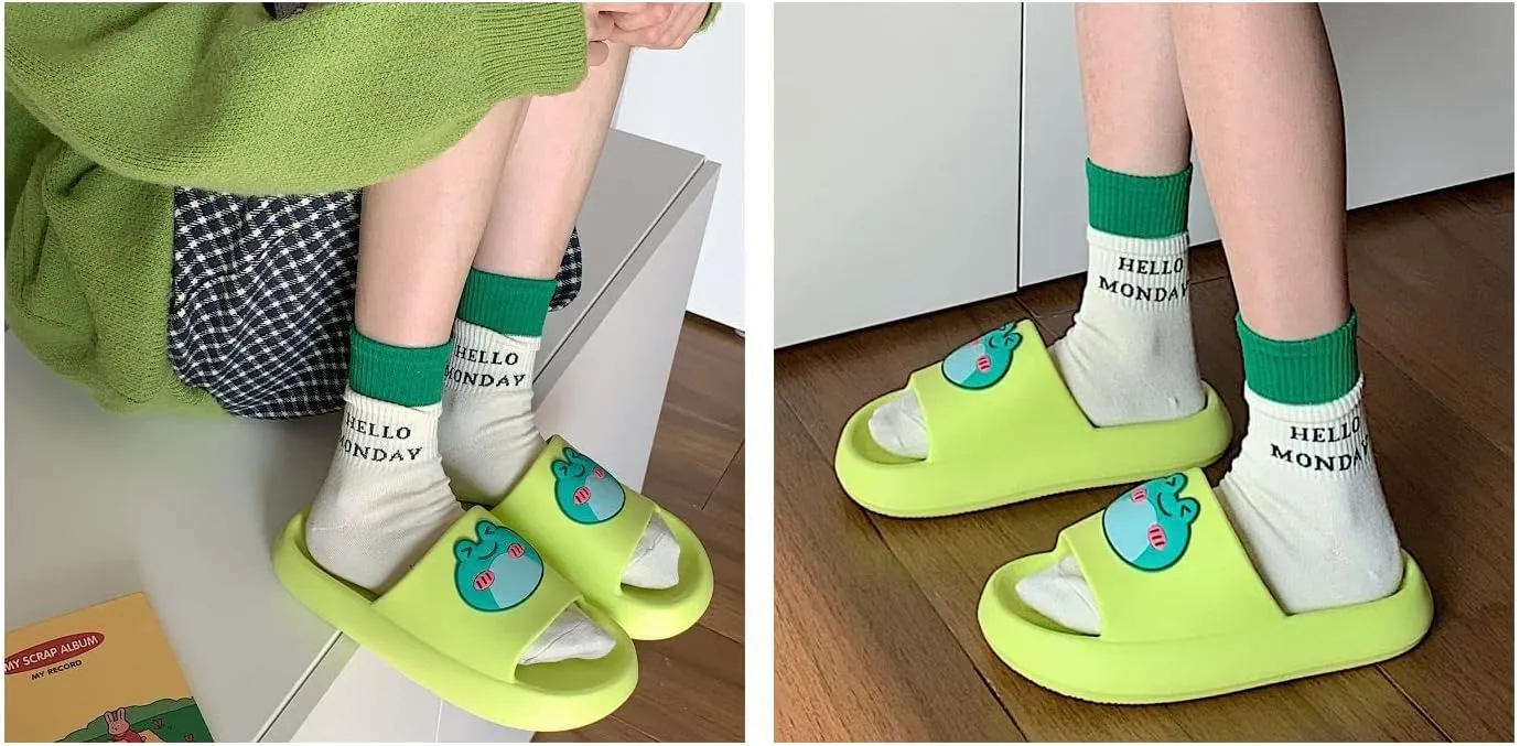 Kawaii Frog House Slippers for Women Teen Girls Cute Summer Slides Sandals Shower Slippers for Indoor Home Bedroom Outdoor Beach Pool Spa Soft EVA Comfortable Non-Slip (8-8.5, Green)