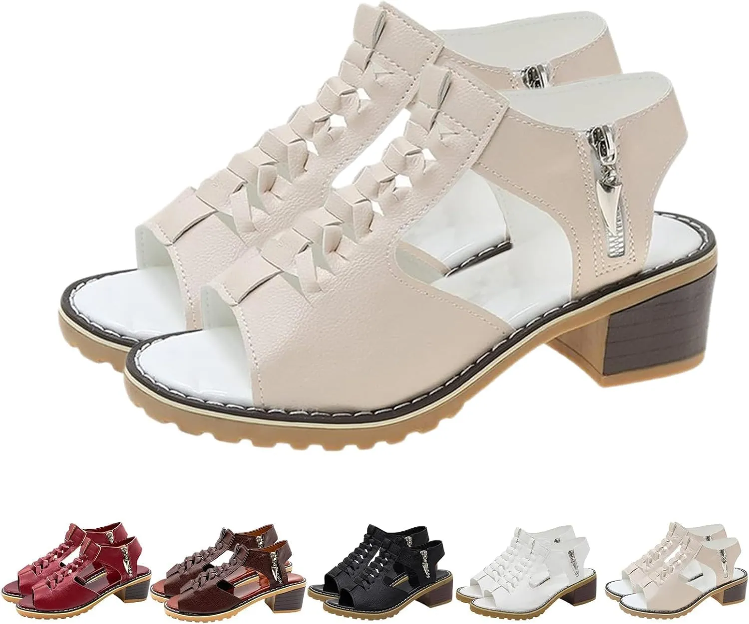 Keilani Women's Comfy Orthotic Sandals, Libiyi Sandals Women, Peep Toe Cutout Zipper Chunky Heeled