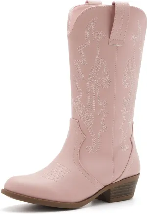 Kids Western Boots Embroidered Cowgirl Cowboy Boots Boys Girls Mid Calf Round Toe Riding Shoes Little Kid/Big Kid