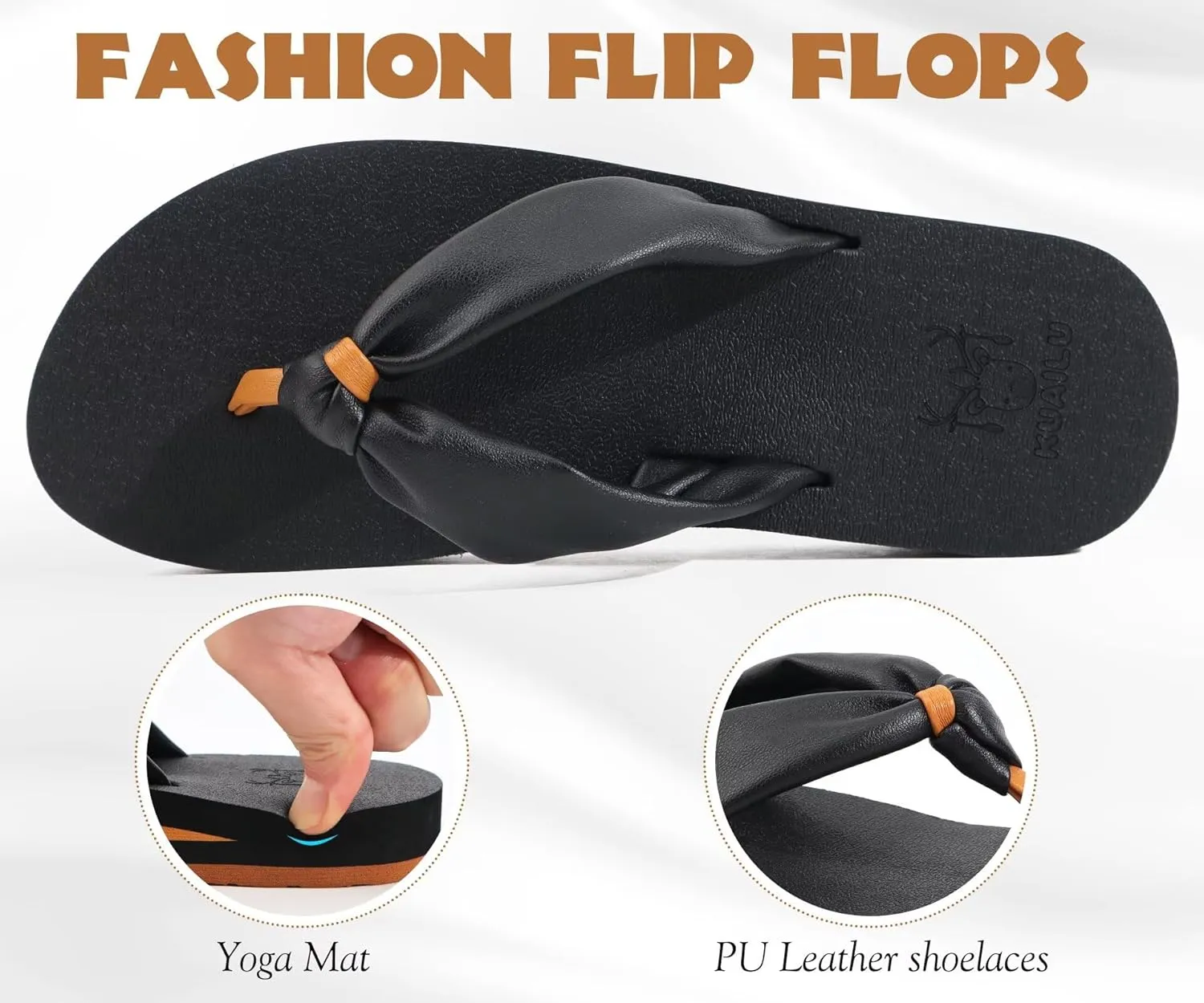 KuaiLu Womens Flip Flops With Arch Support Comfortable Yoga Mat Cushion Thong Leather Sandals for Ladies Fashion Slip On Summer Beach Walking Slides Indoor Outdoor Travel Orthotic Slippers